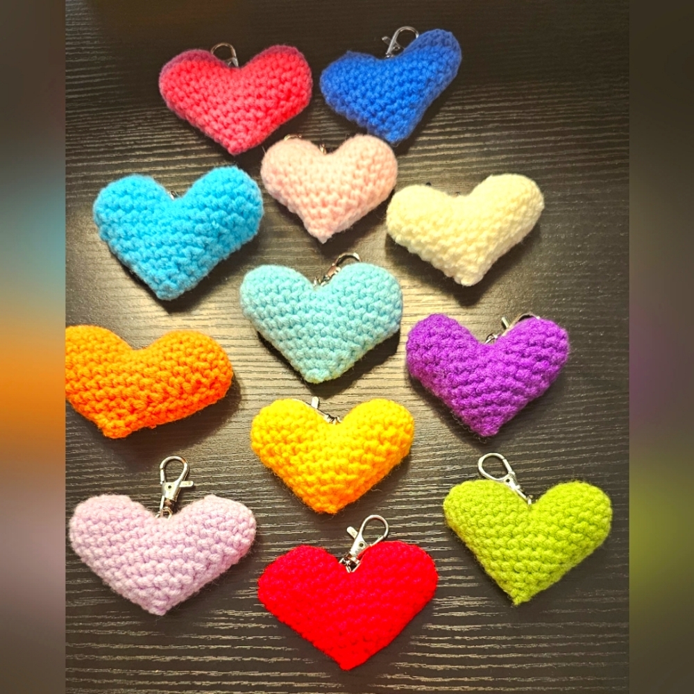 knitted heart-shaped, set of 2, bag charms. Choose any 2
